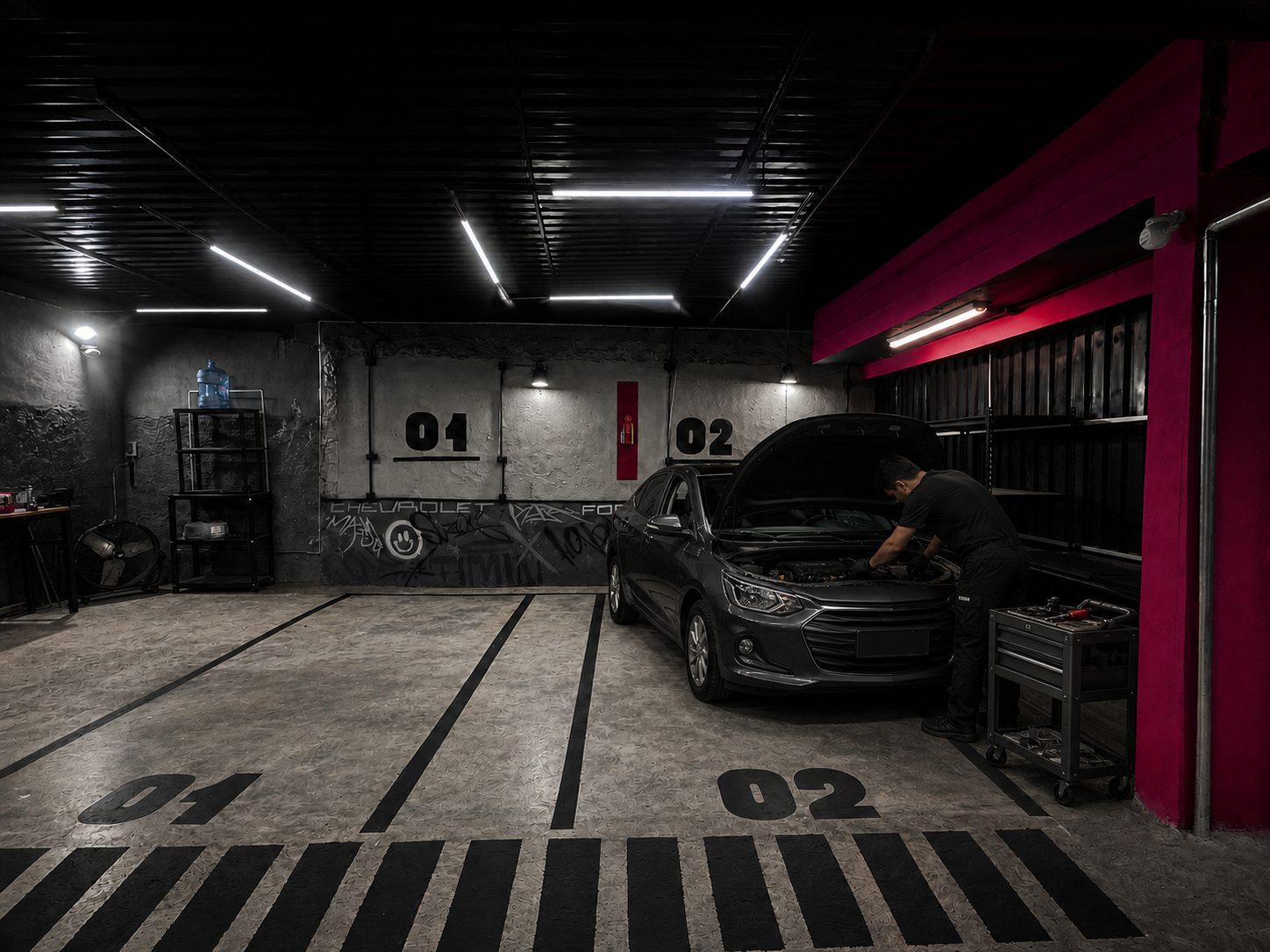 Mecánico trabajando en un automóvil dentro de El Garash, taller mecánico en Cancún